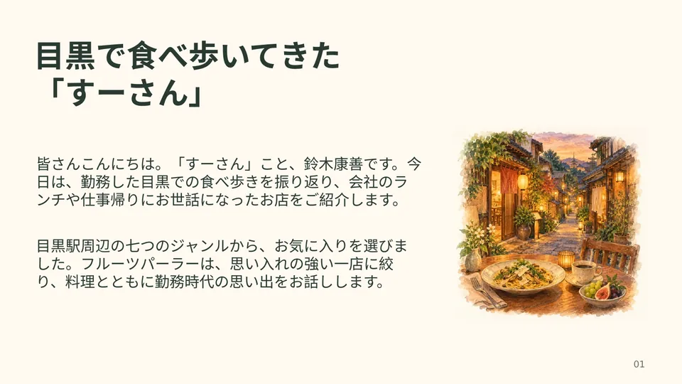 目黒での食べ歩きの楽しみ の表紙スライド